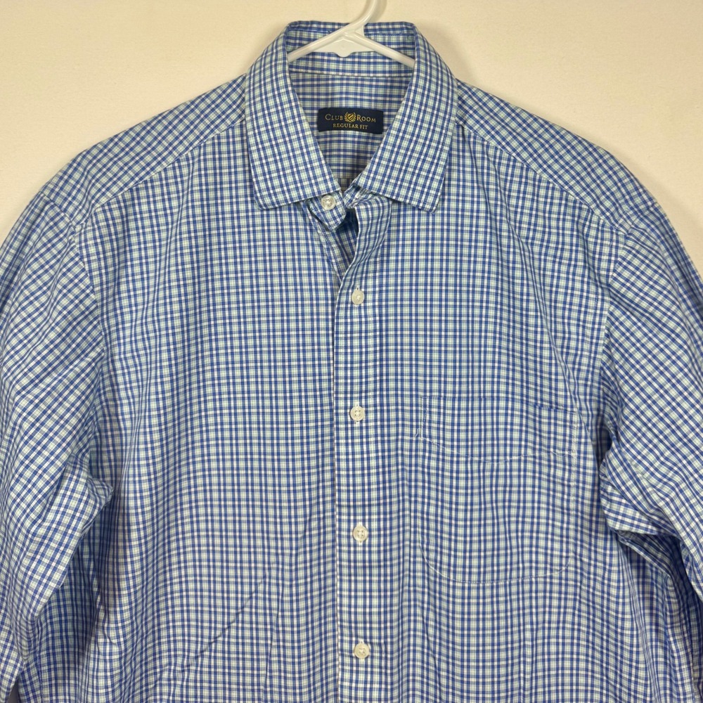 Club Room Checkered Dress Shirt Regular Fit Blue Green‎ Mens Sz 15 1/2, 34/35